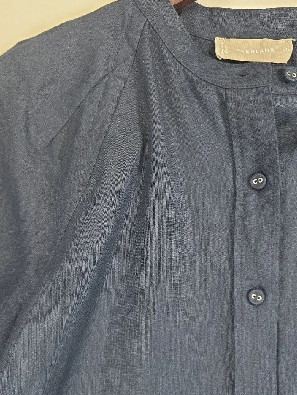 Everlane Dark Navy 100% Linen Button-Down Puff Sleeve Shirt Minimalist